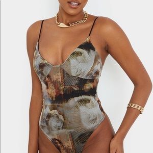 Nude Mesh Abstract Renaissance Print Cup Detail Bodysuit